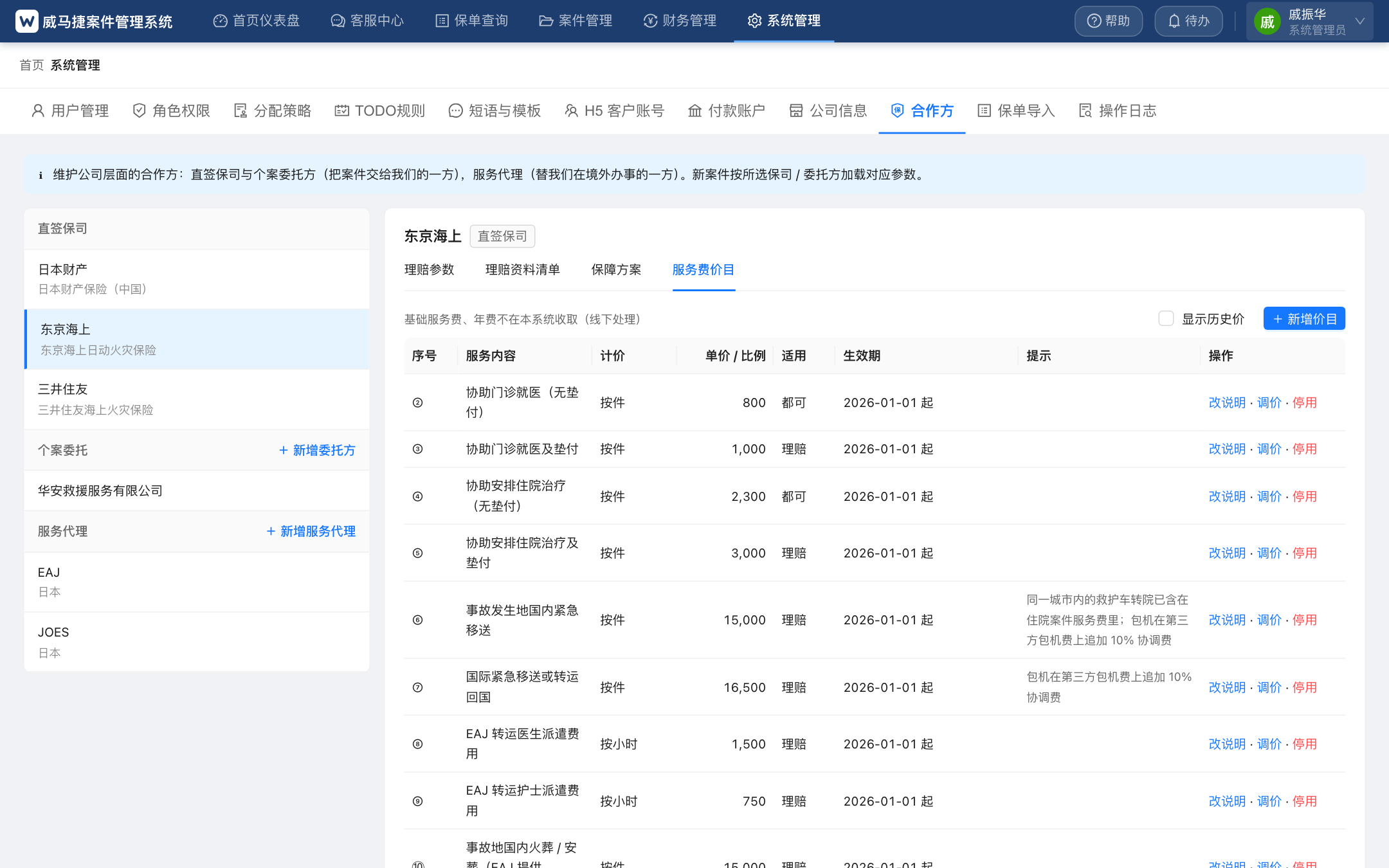 合作方 · 服务费价目
